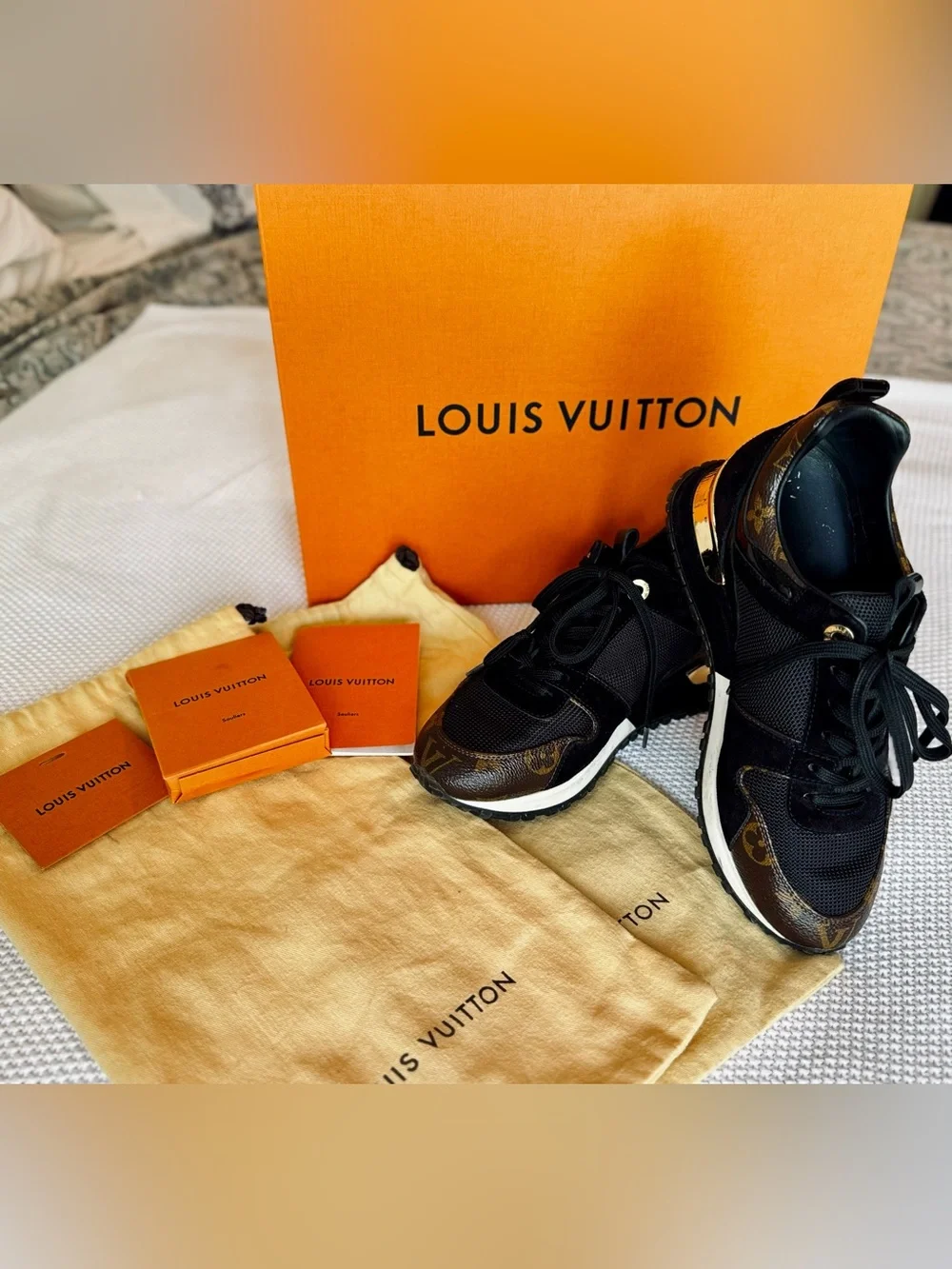 LOUIS VUITTON Run Away Black Suede Brown Monogram Runway Trainer Sneakers Shoes - Picture 8 of 16